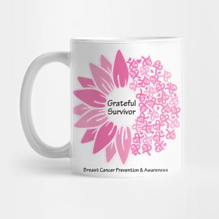 Breast cancer survivor with flower, hearts, ribbons & black type Mug